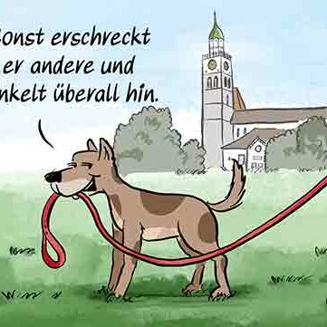 Cartoon-Karikatur-Comic: Leinenpflicht für Hunde. Ein Hund hat sein Herrchen an der Leine und sagt: Sonst erschreckt er andere und pinkelt überall hin.