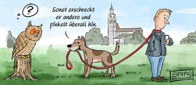 Cartoon-Karikatur-Comic: Leinenpflicht für Hunde. Ein Hund hat sein Herrchen an der Leine und sagt: Sonst erschreckt er andere und pinkelt überall hin.