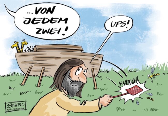 Cartoon-Karikatur-Comic: Noah erschlägt eine Mücke vor der Arche. Ihre Partnerin schaut entgeistert und schockiert. Von oben kommt eine Stimme. Von jedem Zwei. Noah: Ups