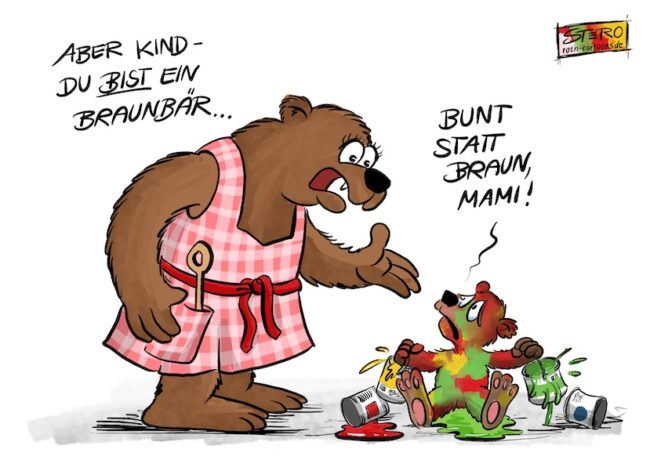 Cartoon-Karikatur-Comic: Ein Braunbärbaby sitzt auf dem Boden und ist voller Farbe. Seine Mama sagt: Aber Kind, du bist ein Braunbär. Das Braunbärbaby antwortet mit Tränen in der Augen: Bunt statt braun, Mami.