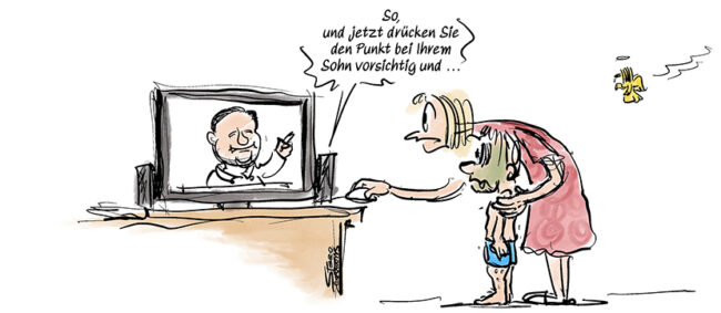 Cartoon-Karikatur-Comic: Onlinesprechstunde. Eine Mutter steht mit ihrem kranken Kind vor dem Computer und drückt verwirrt auf die Maus. Der Doktor sagt: Und jetzt drücken Sie bei Ihrem Kind den Punkt und..."
