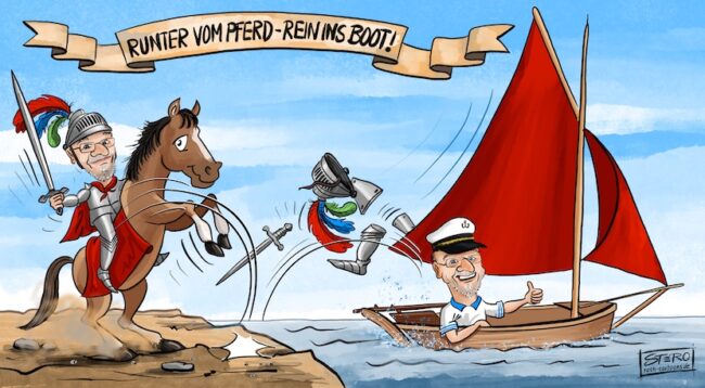 Cartoon-Karikatur-Comic: Ein Ritter sitzt auf einem steigenden Pferd, springt vom Pferd in ein Segelboot und landet dort als Kapitän.