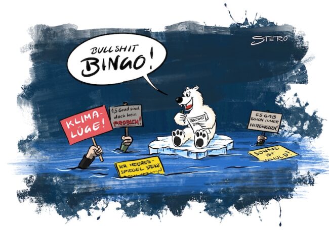 Cartoon-Karikatur-Comic zum Klimawandel: Ein Eisbär sitzt auf einer Scholle in einer Überschwemmung. Er macht ein Klimawandel-Bullshitbingo. Immer wieder treiben die passen Schilder für die Bingofelder an ihm vorbei.