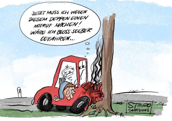 Cartoon-Karikatur-Comic zu autonomen Fahren: Ein Autofahrer ist gegen einen Baum gefahren. Das Auto denkt: Na toll, wegen diesem Deppen muss ich jetzt einen Notruf machen. Wäre ich bloß selber gefahren.