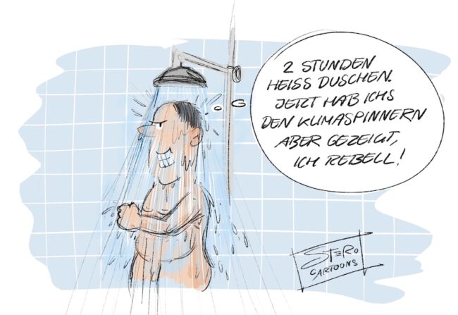 Ein Mann duscht und denkt: Zwei Stunden heiß geduscht - jetzt hab ich es den Klimaspinnern gezeigt.