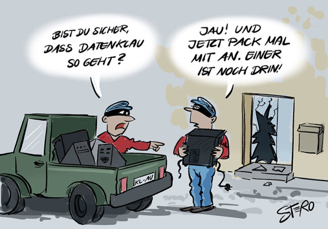 Cartoon-Karikatur-Comic zu Datendiebstahl-Datenschutz: Zwei Diebe stehlen Rechner und Computer. Einer der Einbrecher fragt. Bist du sicher, dass Datendiebstahl so funktioniert?