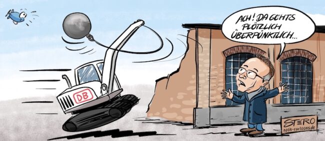 Cartoon-Karikatur-Comic zur Pünktlichkeit der Deutschen Bahn: Ein Bagger der Deutschen Bahn (DB) mit einer Abrissbirne fährt schwungvoll auf ein Gebäude zu, um es abzureißen. Ein Mann, der sich vor dem Gebäude befindet, blickt überrascht auf die Szene und sagt: „Ach! Da geht's plötzlich überpünktlich...“ Die Abrissbirne schwingt bereits in Richtung der Wand, während ein Vogel erschrocken davonfliegt. Der Cartoon spielt humorvoll auf die oft verspäteten Züge der Deutschen Bahn an, die in dieser Situation jedoch „überpünktlich“ zum Abriss erscheint.