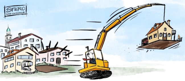Cartoon-Karikatur-Comic: Ein Hauseigentümer tragt mit einem Kran sein Haus in einer Gegend mit günstigerer Grundsteuer, mit günstigeren Immobilienpreisen.