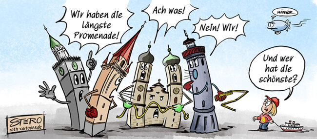 Cartoon-Karikatur-Comic: Die vier Wahrzeichen der Städte Lindau, Friedrichshafen, Überlingen und Radolfzell streiten sich, wer die längste Promenade hat. Eine Satire auf den immer noch währenden Schwanzvergleich und wer hat den Längsten.