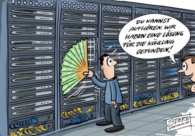 Cartoon-Karikatur-Comic: In einem Serverraum steht ein Mann schwitzend vor mehreren großen Serverracks und wedelt mit einem traditionellen, grünen Fächer, um die Geräte zu kühlen. Ein Kollege kommt von der Seite hinzu und sagt: „Du kannst aufhören. Wir haben eine Lösung für die Kühlung gefunden!“ Die humorvolle Szene spielt auf die oft komplizierten Lösungen für technische Probleme an, während hier eine sehr simple und ineffektive Methode – das Fächern – verwendet wird.