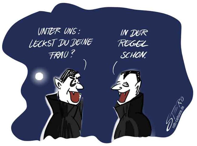 Cartoon-Karikatur-Comic zur Monatsblutung: Ein Vampir fragt einen anderen Vampir: Leckst du deine Frau? Dieser Antwortet: In der Regel schon.