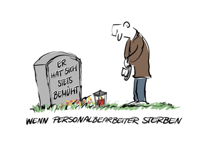 Cartoon-Karikatur-Comic: Ein Mann steht vor dem Grab eines Personalbearbeiters. Auf dem Grabstein steht: Er hat sich stets bemüht.