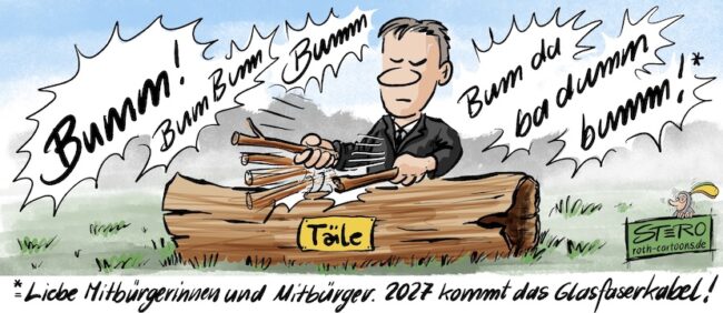 Cartoon-Karikatur-Comic: Cartoon zu Glasfaserlegung in Ortschaften: Ein Mann im Anzug trommelt auf einer Buschtrommel aus einem hohlen Baumstamm und morst damit: Liebe Mitbürgerinnen und Mitbürger. Ab 2027 kommt endlich das Glasfaserkabel. Mit schnellem Internet.