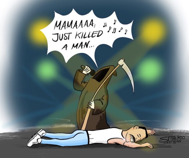Cartoon-Karikatur-Comic: zum Tod von Freddie Mercury. Freddie liegt auf der Bühne des Wembley Stadions und der Tod hat das Mikro und singt "Mama, just killed a man!" Eine Zeile aus Bohemian Rhapsody.
