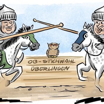 Cartoon-Karikatur-Comic: Cartoon zur OB-Stichwahl. Die beiden Kandidaten reiten als Ritter in Ritterrüstung und voller Montur zum Turnier aufeinander zu. Jeden Moment wird das Holz der Lanzen splittern.