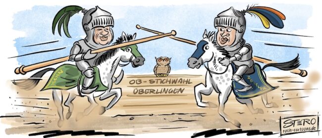 Cartoon-Karikatur-Comic: Cartoon zur OB-Stichwahl. Die beiden Kandidaten reiten als Ritter in Ritterrüstung und voller Montur zum Turnier aufeinander zu. Jeden Moment wird das Holz der Lanzen splittern.