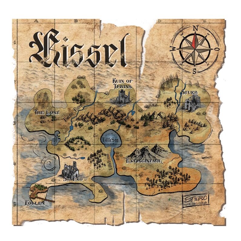 Illustration einer einfachen RPG Map mit Kirchen, Ruinen, Flüssen, Seen als alte Landkarte mit Kompassrose