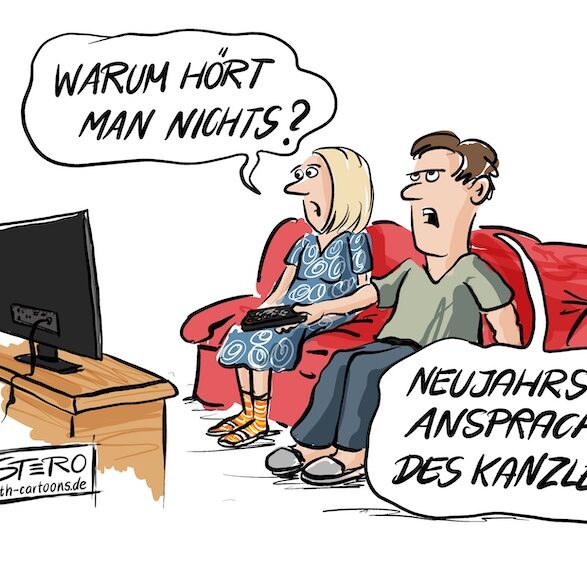 Cartoon-Karikatur-Comic: Ein Ehepaar sitzt vor dem Fernseher. Sie beschwert sich, dass man gar nichts hört. Ihr Mann sagt: Ist die Neujahrsanspache von Scholz. Eine Karikatur auf die verheerende Schweigsamkeit von Kanzler Olaf SCholz