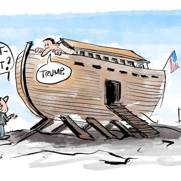 Cartoon-Karikatur-Comic: Ein Mann hat sich eine Arche gebaut. Ein anderer fragt: Sintflut? Der andere antwortet: Trump