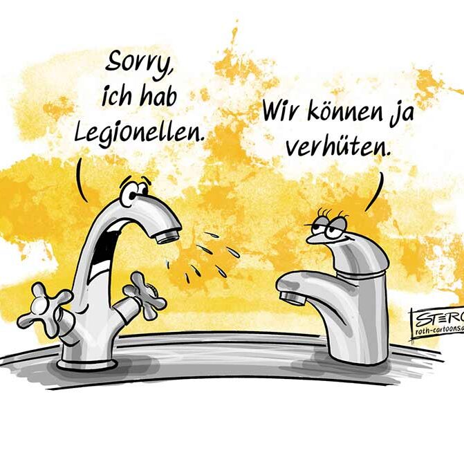 Cartoon-Karikatur-Comic: Cartoon zu Hygiene und Wasser: Cartoon, in dem zwei Wasserhähne miteinander sprechen. Der linke Wasserhahn sieht krank aus, tropft Wasser und sagt: „Sorry, ich hab Legionellen.“ Der rechte Wasserhahn antwortet darauf gelassen: „Wir können ja verhüten.“