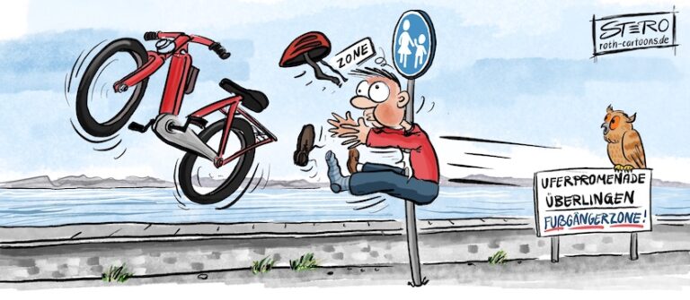 Cartoon-Karikatur-Comic: Ein Typ fährt verboten in der Fußgängerzone mit dem Fahrrad und knallt gegen das Verbotsschild