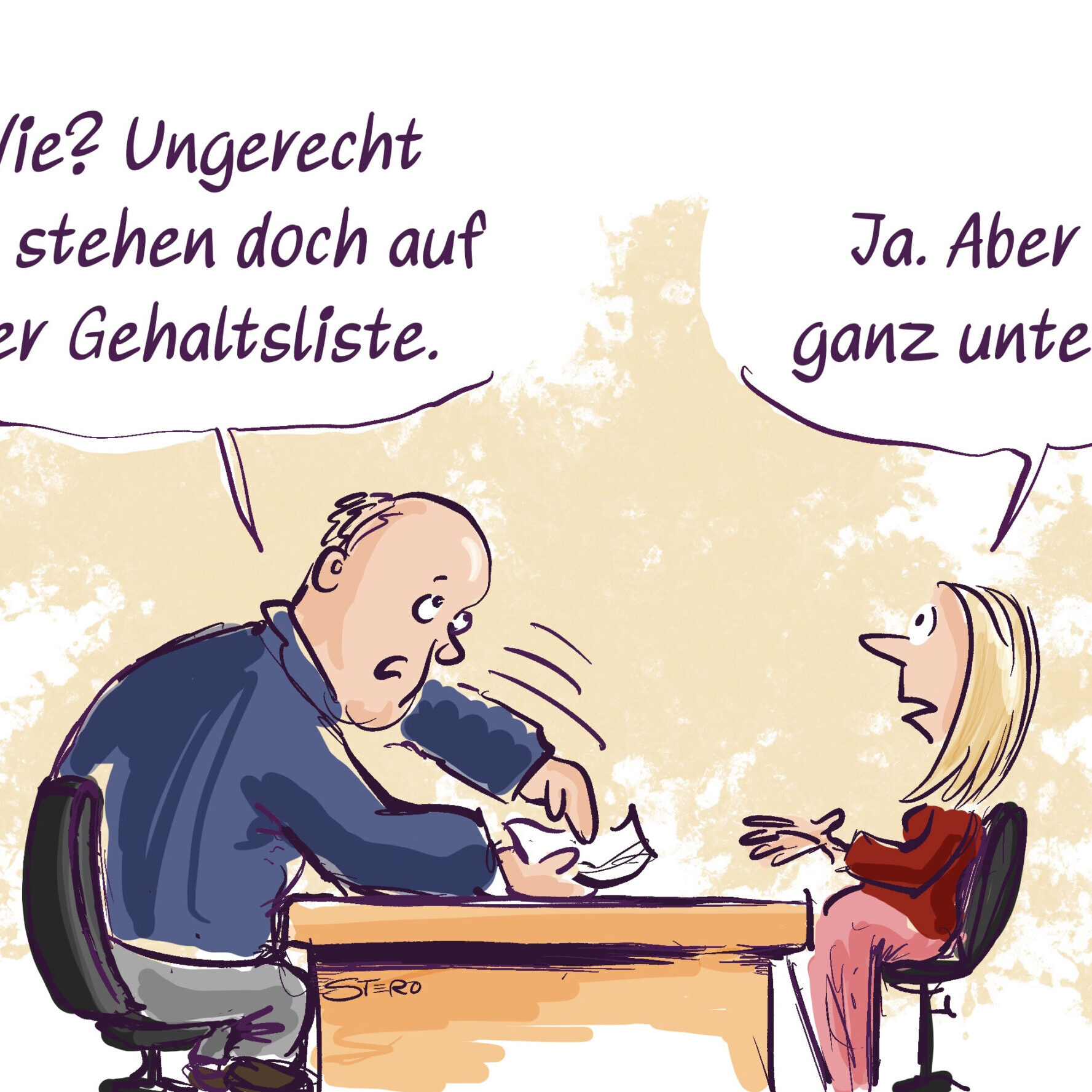 Cartoon-Karikatur-Comic: Eine Frau sitzt vor Ihrem Chef und beschwert sich über das Gehalt. Er sagt: Sie stehen doch auf der Gehaltsliste. Die Frau antwortet: Aber ganz unten.