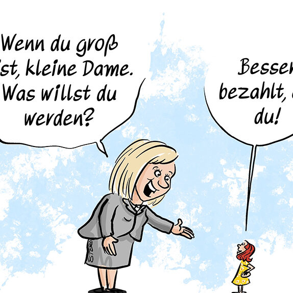 Cartoon-Karikatur-Comic zu Gender Pay Gap: Eine Frau fragt ein kleines Mädchen: Was möchtest du mal werden? Das Mädchen antwortet: Besser bezahlt als du.