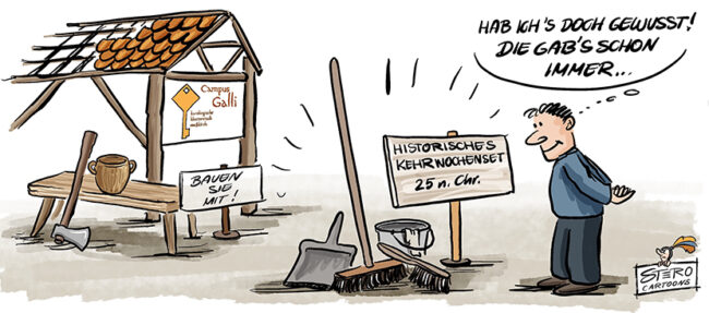 Cartoon-Karikatur-Comic: Ein Mann steht in einem Museum vor einer historischen Ausrüstung zur schwäbischen Kehrwoche und denkt: Wusste ichs doch, die hat es schon immer gegeben.