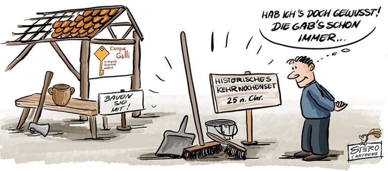 Cartoon-Karikatur-Comic: Ein Mann steht in einem Museum vor einer historischen Ausrüstung zur schwäbischen Kehrwoche und denkt: Wusste ichs doch, die hat es schon immer gegeben.