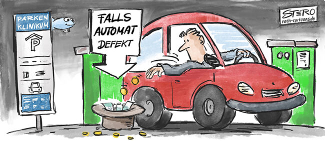 Cartoon-Karikatur-Comic: Ein Mann in einem roten Auto wirft an der Schranke im Parkhaus Münzen in einen Hut, weil der Automat nicht funktioniert.
