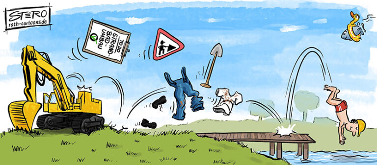 Cartoon-Karikatur-Comic: Ein Bauarbeiter wird termingerecht mit der Baustelle im Strandbad fertig, während er auf den Steg zurennt, zieht er sich aus bis auf die Badehose und springt ins Wasser.