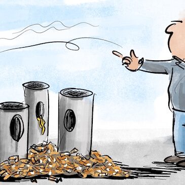 Cartoon-Karikatur-Comic: Ein Raucher spickt eine Zigarettenkippe in hohem Bogen an 4 Aschenbechern vorbei auf den Boden. Der Boden ist mit Kippen übersät.