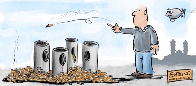 Cartoon-Karikatur-Comic: Ein Raucher spickt eine Zigarettenkippe in hohem Bogen an 4 Aschenbechern vorbei auf den Boden. Der Boden ist mit Kippen übersät.