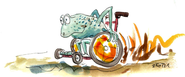 Cartoon-Karikatur-Comic: Ein Frosch im Cartoonstil im Rollstuhl rast herum. Die Zeichnung ist ein Aquarell