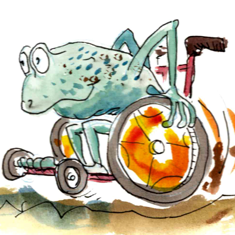 Cartoon-Karikatur-Comic: Ein Frosch im Cartoonstil im Rollstuhl rast herum. Die Zeichnung ist ein Aquarell