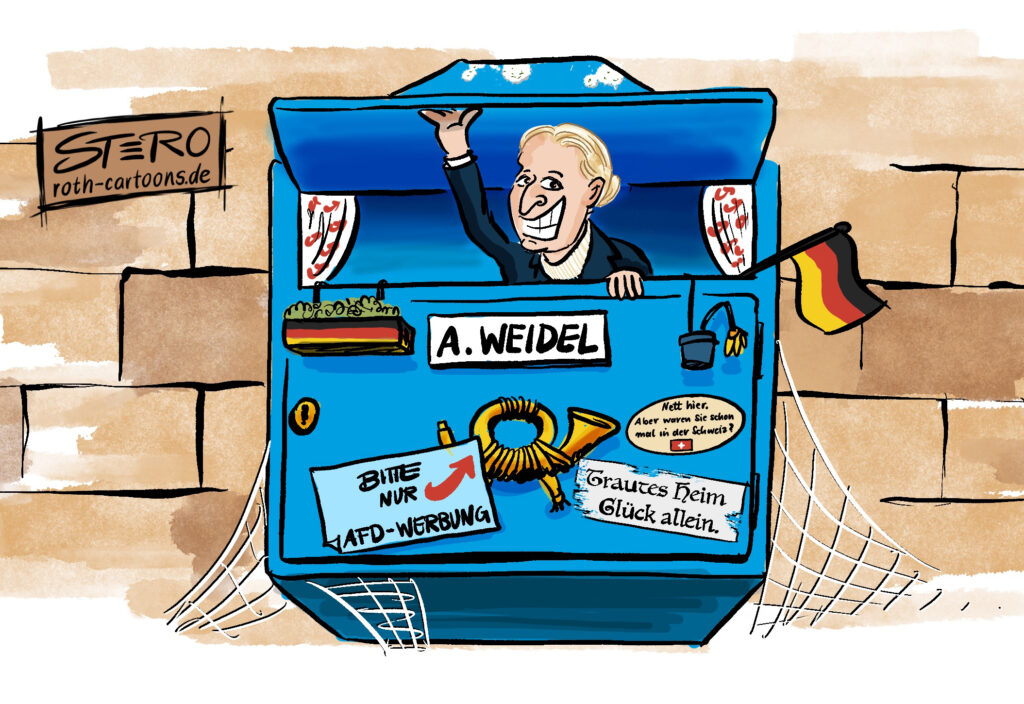 Cartoon-Karikatur-Comic: Alice Weidel, Parteivorsitzende der AfD, hat es sich in einem Briefkasten in Überlingen gemütlich gemacht, mit Vorhängen und Blumenkasten in Schwarz-Rot-Gold. Eine Deutschlandflagge hängt aus dem Briefkastenschlitz. Auf dem Briefkasten befinden sich Aufkleber mit der Aufschrift: "Bitte nur AfD-Werbung" und "nett hier - aber waren Sie schon mal in der Schweiz"