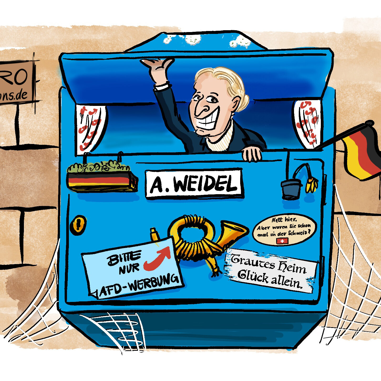 Cartoon-Karikatur-Comic: Alice Weidel, Parteivorsitzende der AfD, hat es sich in einem Briefkasten in Überlingen gemütlich gemacht, mit Vorhängen und Blumenkasten in Schwarz-Rot-Gold. Eine Deutschlandflagge hängt aus dem Briefkastenschlitz. Auf dem Briefkasten befinden sich Aufkleber mit der Aufschrift: "Bitte nur AfD-Werbung" und "nett hier - aber waren Sie schon mal in der Schweiz"