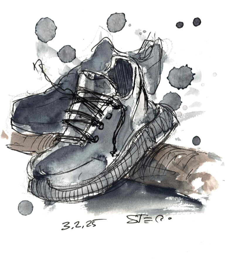 Illustration: Aquarell von schwarzen Schuhen genauer Arbeitsschuhen