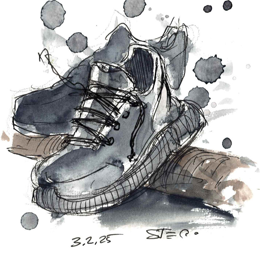 Illustration: Aquarell von schwarzen Schuhen genauer Arbeitsschuhen