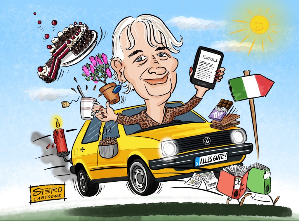 Cartoon-Karikatur-Comic: eine ältere Frau sitzt in einem knallgelben Golf I und hat eine Tasse Schwarztee in der einen und ein Kindle in der anderen Hand. Um sie herum fliegen Milka-Schokolade, ein Fliederbäumchen und eine Schwarzwälder Kirschtorte