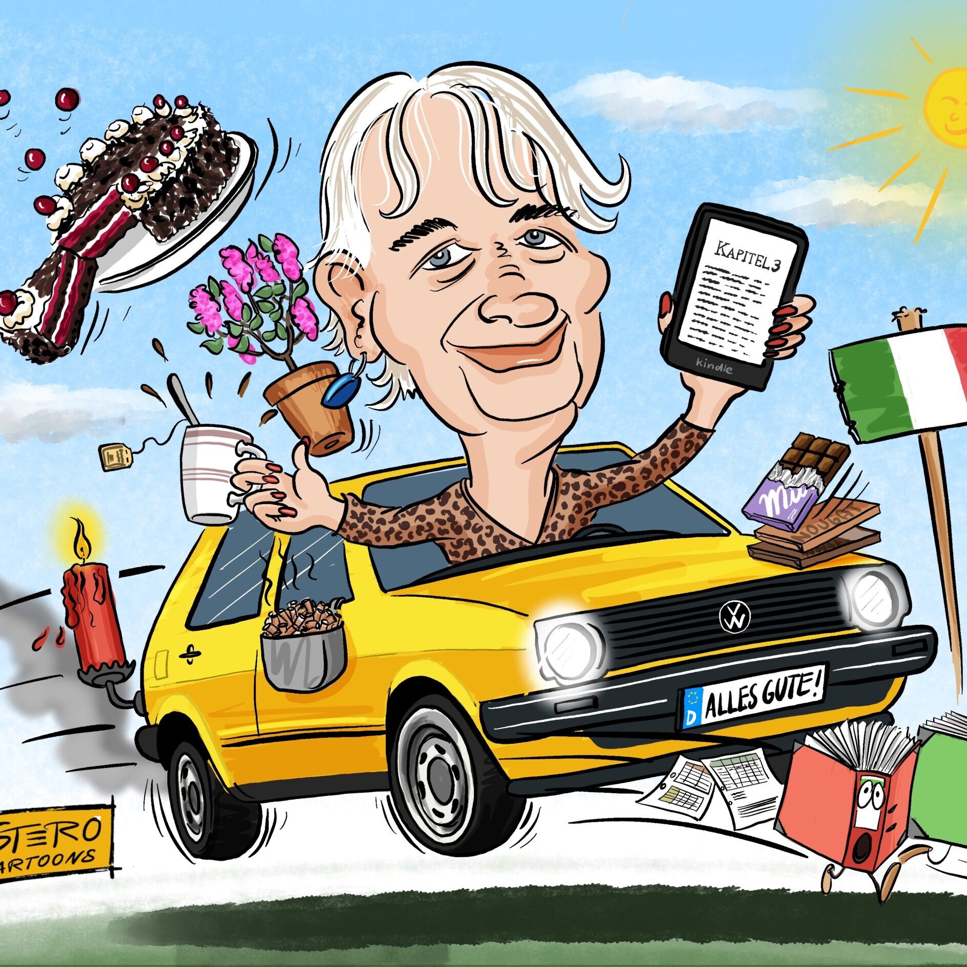 Cartoon-Karikatur-Comic: eine ältere Frau sitzt in einem knallgelben Golf I und hat eine Tasse Schwarztee in der einen und ein Kindle in der anderen Hand. Um sie herum fliegen Milka-Schokolade, ein Fliederbäumchen und eine Schwarzwälder Kirschtorte