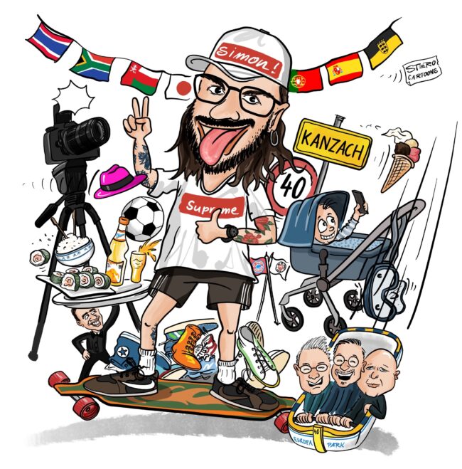Portraitkarikatur: Ein Mann streckt die Zunge raus und steht auf einem Longboard, im Hintergrund gesammelte Sneaker, eine Kamera auf einem Stativ, Fußball, Zitronensprudel