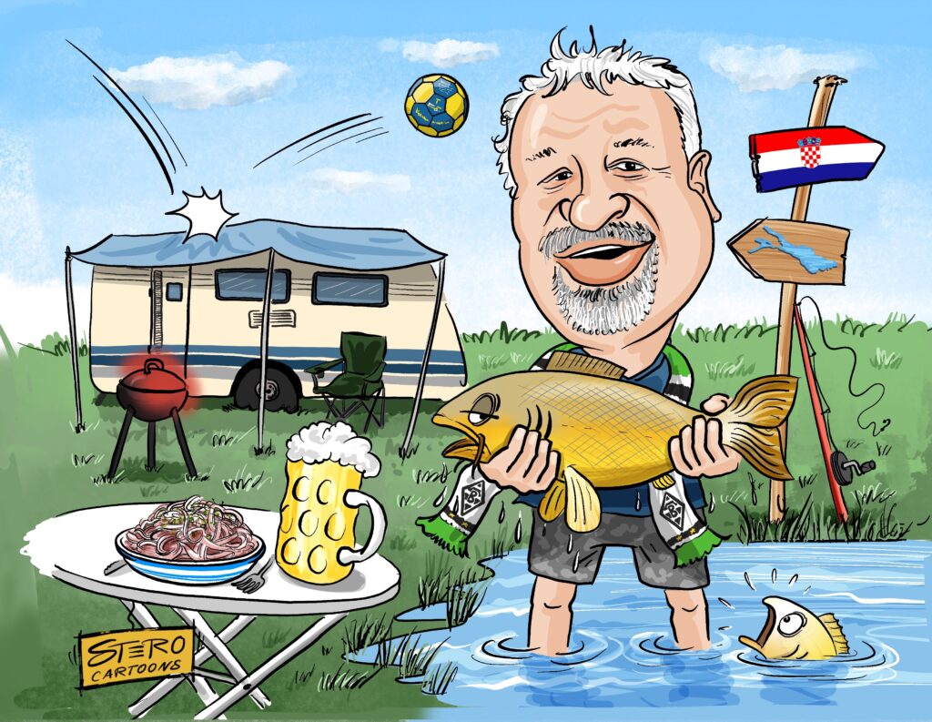 Portraitkarikatur zum Geburtstag. Ein Mann steht in kurzer Hose mit einem gefangenen Karpfen, Bier und Wurstsalat vor seinem Wohnwagen