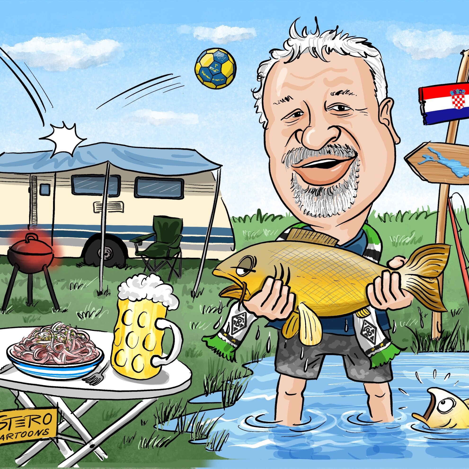 Portraitkarikatur zum Geburtstag. Ein Mann steht in kurzer Hose mit einem gefangenen Karpfen, Bier und Wurstsalat vor seinem Wohnwagen