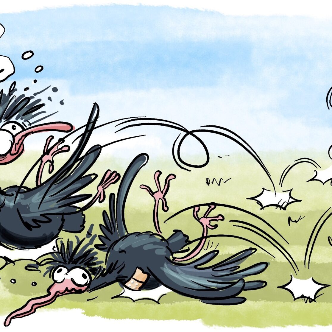 Cartoon-Karikatur-Comic: Zwei Zugvögel kehren von ihrer gefährlichen Reise aus dem Süden zurück. Es waren 12 zu Beginn, nur zwei der Waldrappjungen haben überlebt. So gefährlich ist das Zugvogelleben.