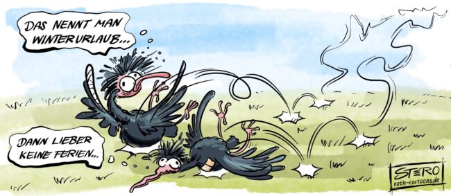 Cartoon-Karikatur-Comic: Zwei Zugvögel kehren von ihrer gefährlichen Reise aus dem Süden zurück. Es waren 12 zu Beginn, nur zwei der Waldrappjungen haben überlebt. So gefährlich ist das Zugvogelleben.