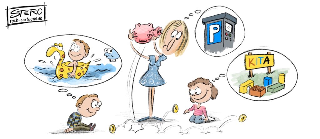 Cartoon-Karikatur-Comic: Eine Mutter schüttelt das Sparschwein, es fallen ein paar Münzen raus. Eines der Kinder freut sich, dass sie mit dem Geld ins Schwimmbad gehen können, das andere freut sich, dass es in die Kita kann, die Mutter sollte mit dem Geld parken. Wie werden sie sich entscheiden?