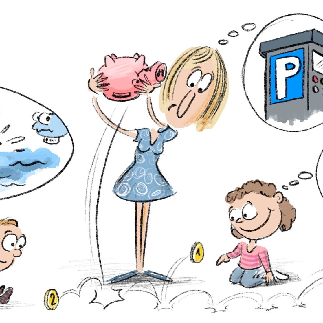 Cartoon-Karikatur-Comic: Eine Mutter schüttelt das Sparschwein, es fallen ein paar Münzen raus. Eines der Kinder freut sich, dass sie mit dem Geld ins Schwimmbad gehen können, das andere freut sich, dass es in die Kita kann, die Mutter sollte mit dem Geld parken. Wie werden sie sich entscheiden?