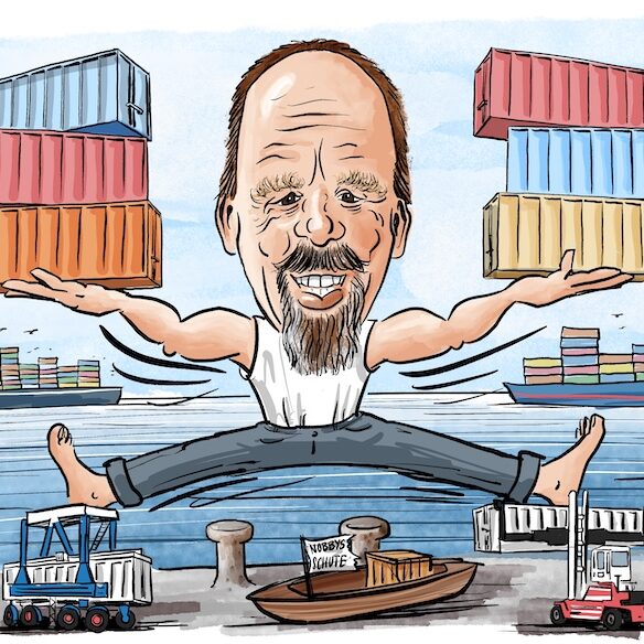 Portraitkarikatur eines Hafenmitarbeiters des Hamburger Hafen. ER steht im Spagat auf einem VanCarrier und einem Stapler