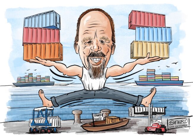 Portraitkarikatur eines Hafenmitarbeiters des Hamburger Hafen. ER steht im Spagat auf einem VanCarrier und einem Stapler